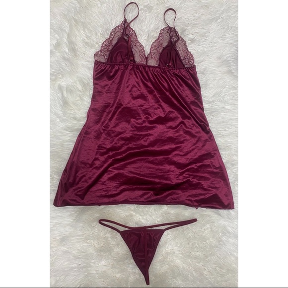 SHEIN | Satin Lace & Bows Babydoll Slip & G String Lingerie Maroon - Picture 7 of 14